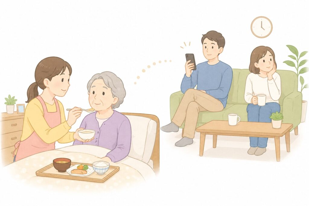 高齢の親に寄り添って介護する子どもと、離れた場所にいる他の兄弟を対比したイラスト