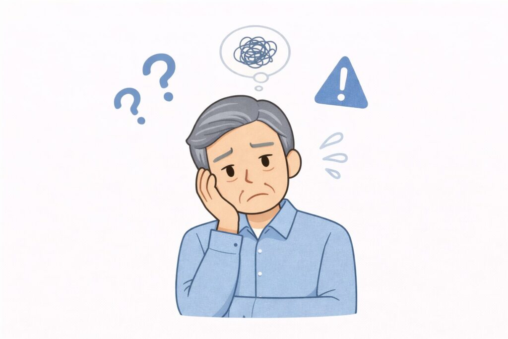 相続について不安を感じている中高年の男性のイラスト。頭の上に疑問符や不安を示すアイコンがあり、悩んでいる様子が表現されている。