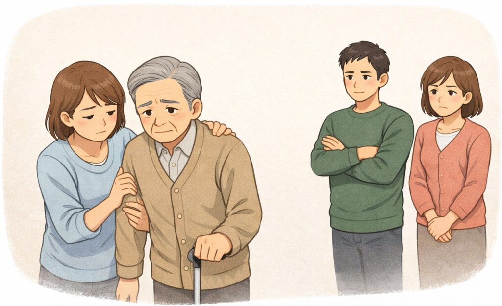 高齢の親を介護する家族と、それを少し離れて見守る別の家族の様子。介護をめぐる気持ちのすれ違いが表現されている