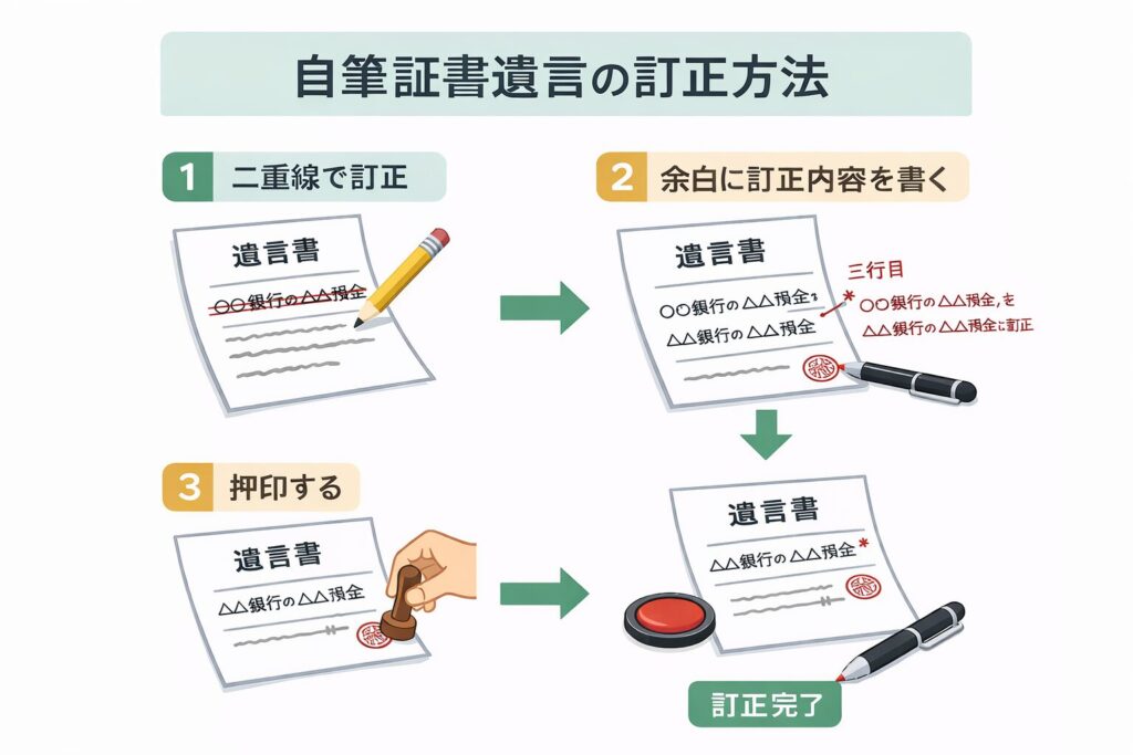 自筆証書遺言の正しい訂正方法を示す手順図