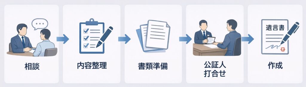 遺言書作成の流れを示したインフォグラフィック。相談から内容整理、書類準備、公証人との打ち合わせ、作成までの手順を矢印で分かりやすく説明している。
