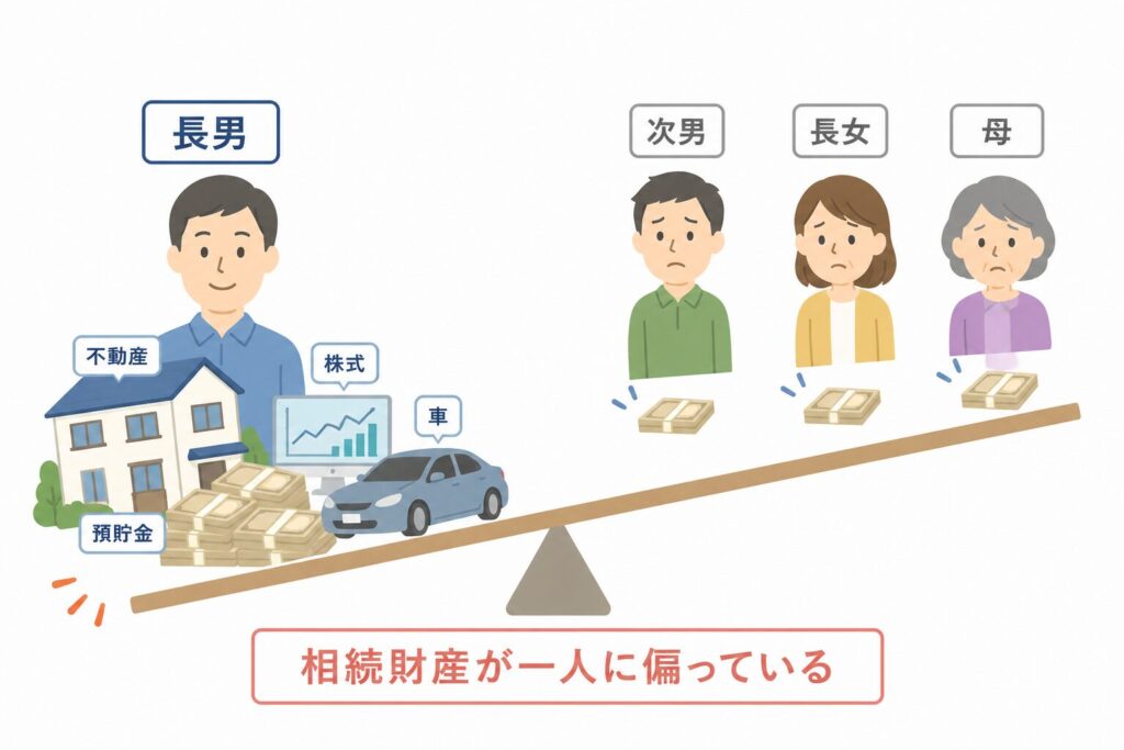 相続財産が長男に偏り、他の相続人の取り分が少ないことを示すシーソー図