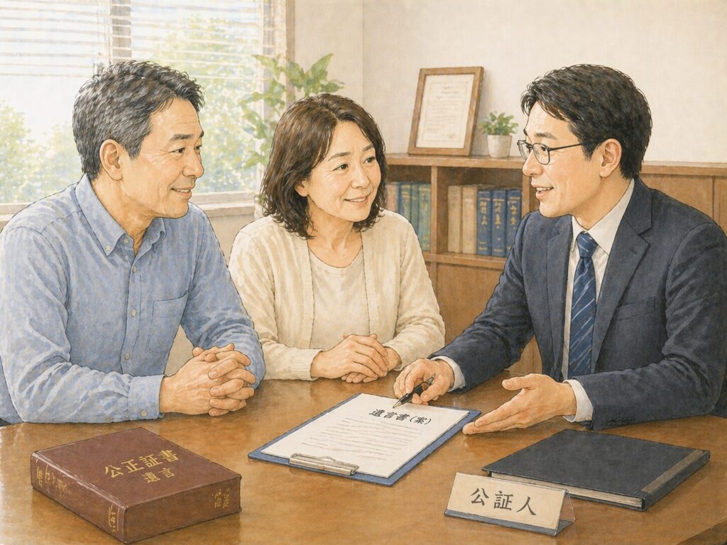 専門家と相談しながら安心して話す日本人の中高年夫婦と公証人の様子