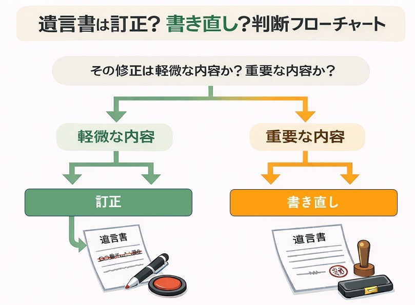 遺言書の訂正か書き直しかを判断するフローチャート図解