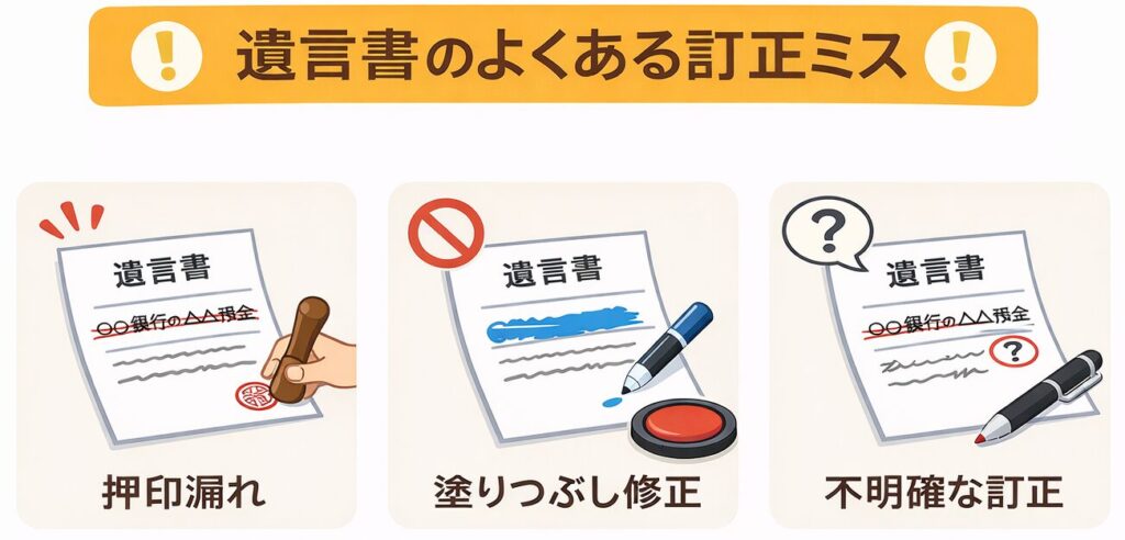 遺言書のよくある訂正ミスを示す図解イラスト