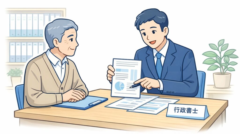 行政書士に相談している様子のイラスト。依頼者が安心した表情で話を聞き、専門家が書類を見ながら丁寧に説明している場面。