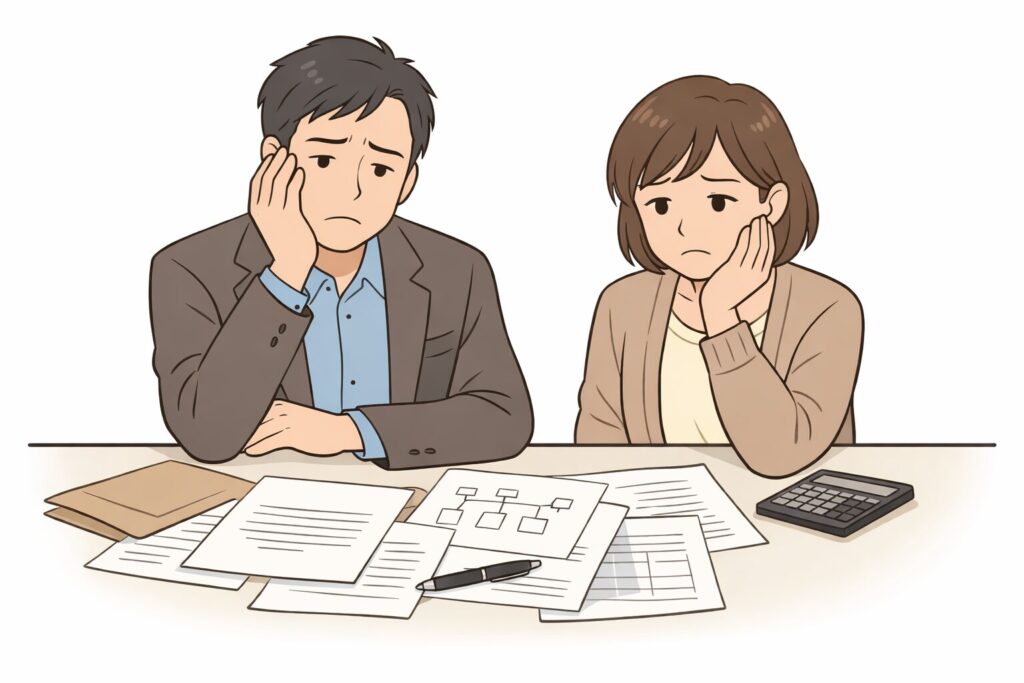 遺言書や相続書類を前に悩んでいる日本人の夫婦。テーブルに書類が広がり、不安そうに考え込んでいる様子