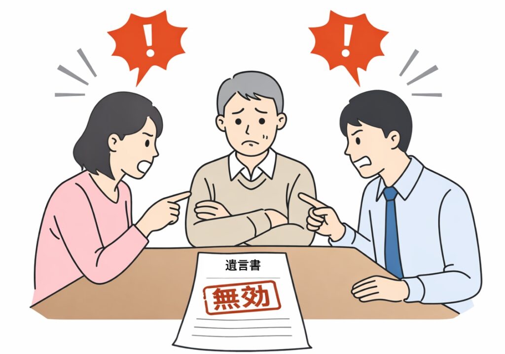 遺言書をめぐって家族が意見対立している様子を示した図解