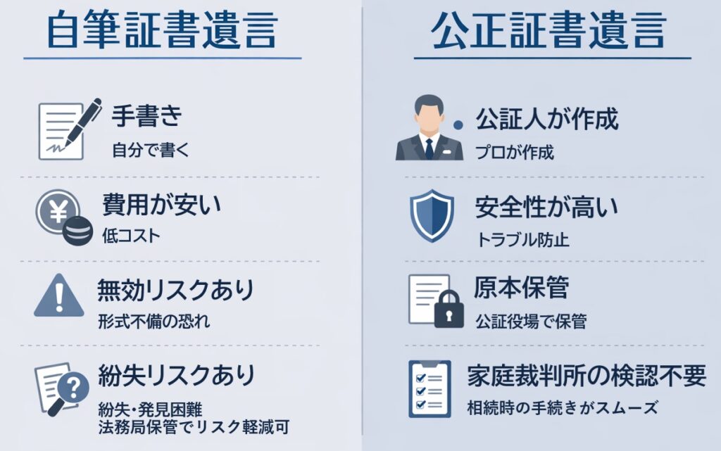 自筆証書遺言と公正証書遺言の違いを比較した図。手軽さとリスクの違い、安全性や確実性の違いを分かりやすく整理している。