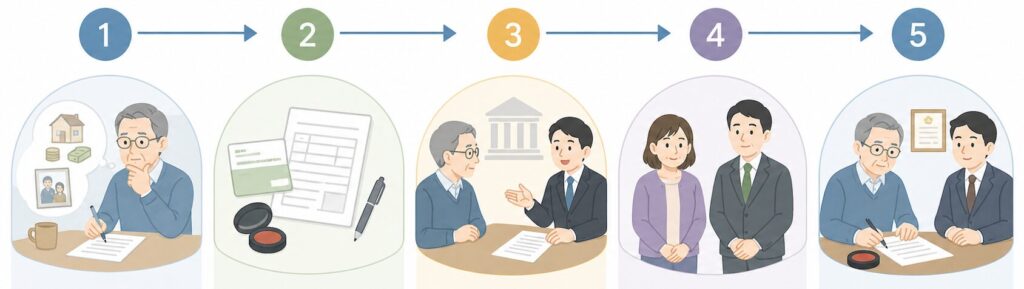 公正証書遺言の作成手順を5ステップで示した図解。内容整理から書類準備、公証役場での打ち合わせ、証人準備、作成・署名までの流れ