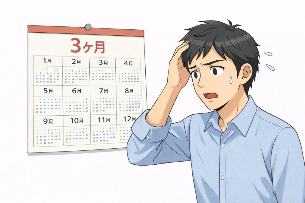 相続放棄の期限である3ヶ月を意識し、カレンダーを見て焦る男性のイラスト