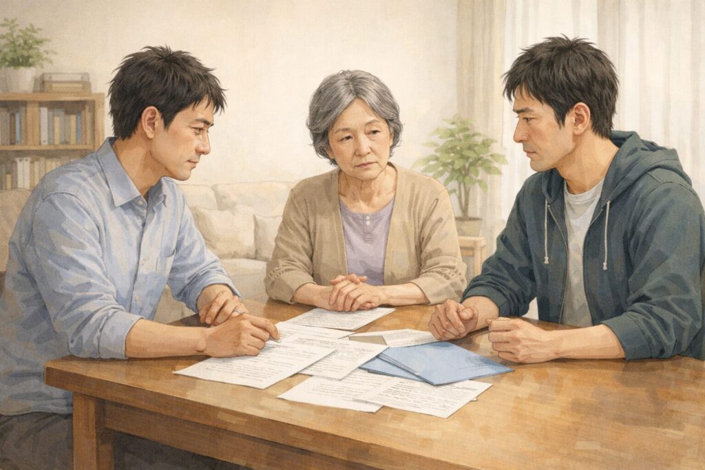 家族で遺産分割について話し合っている様子（母親と40代の兄弟がテーブルを囲んで協議している場面）