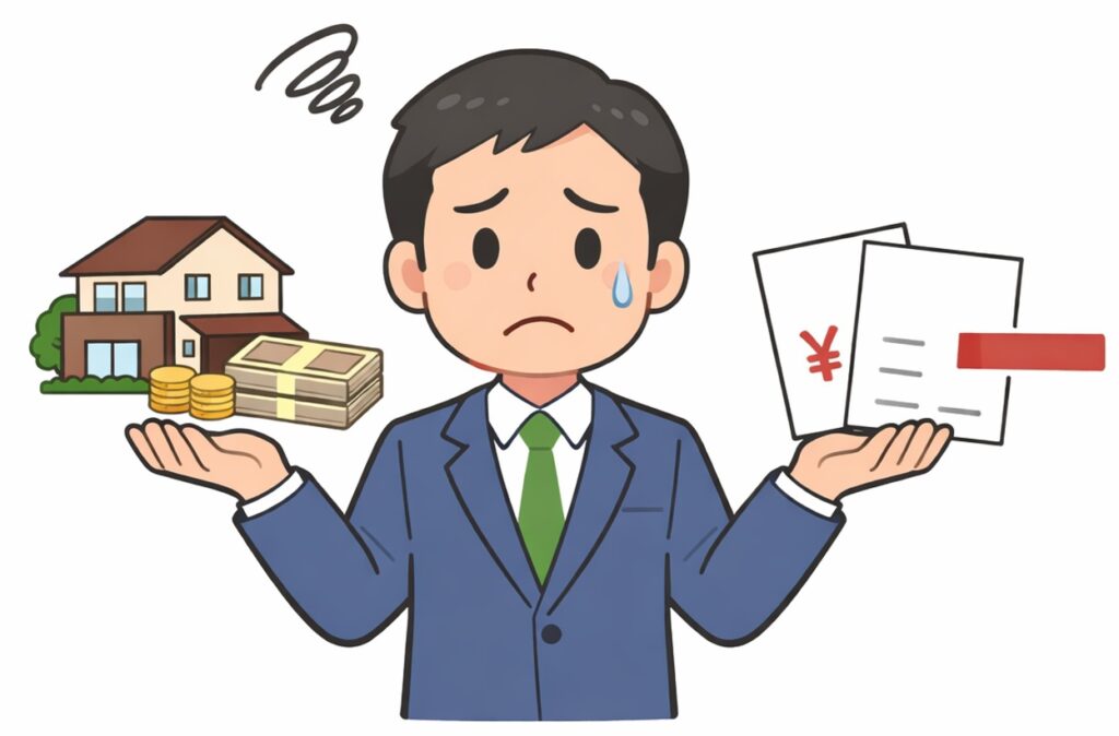 相続により不動産や現金と借金を同時に受け取り、困惑している日本人男性のイラスト