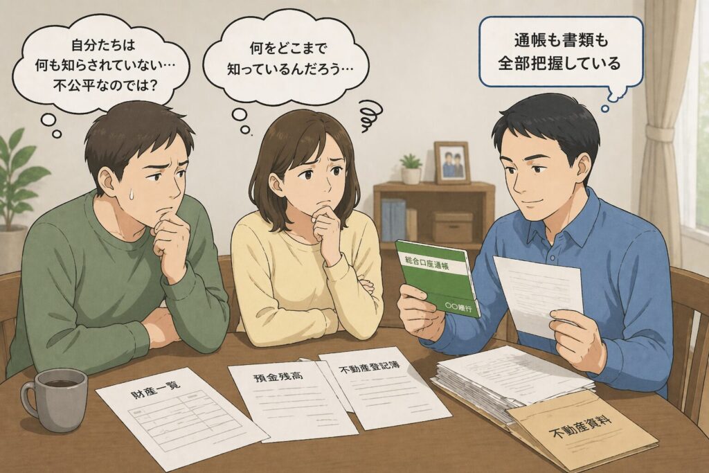 一人の兄弟が通帳や書類を持って財産状況を把握している一方で、他の兄弟が不安そうに見ている様子