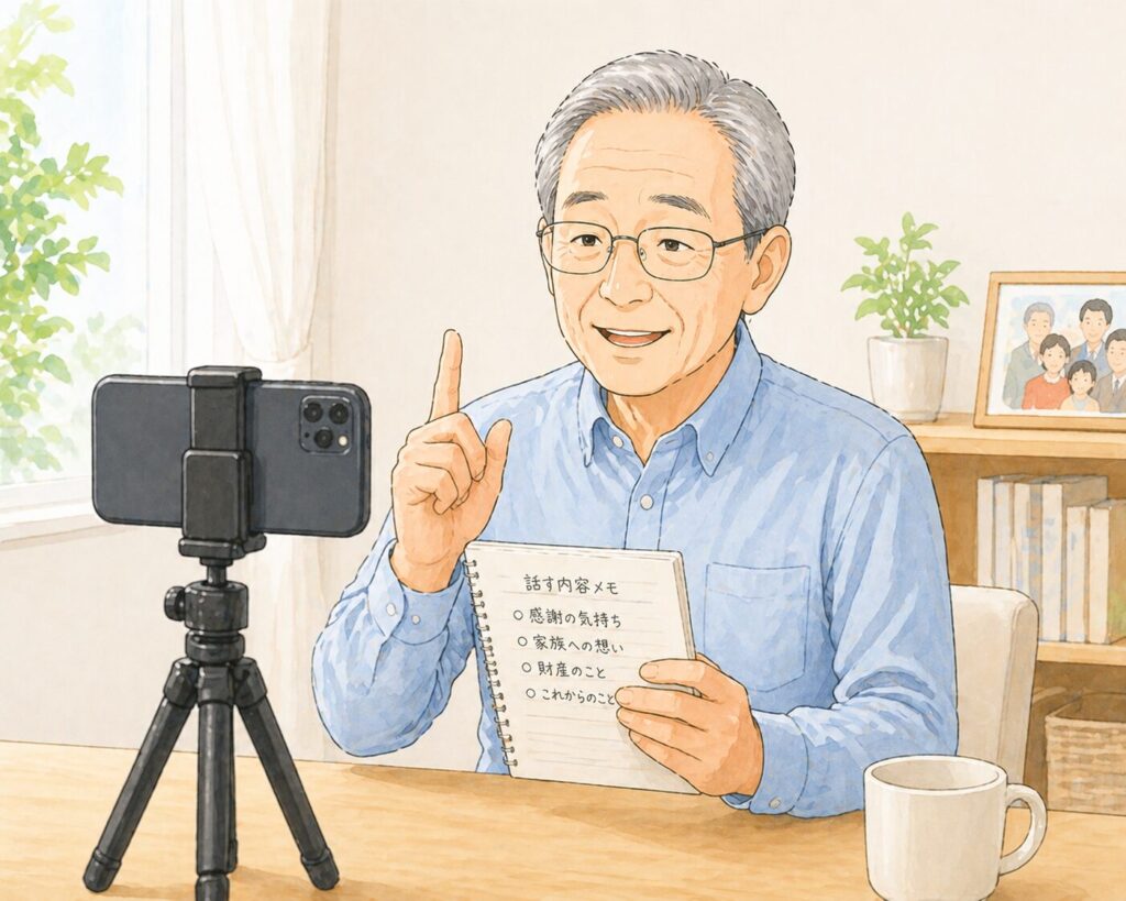 スマートフォンを三脚に設置し、メモを見ながら動画撮影の準備をする高齢者
