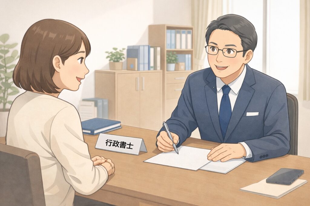 行政書士が相談者の話を丁寧に聞いている様子のイラスト。オフィスで向かい合い、相談者が安心した表情で話している。