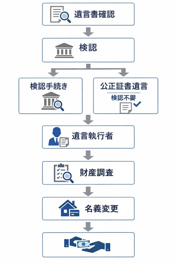 遺贈の手続きの流れを示したフローチャート図。遺言書確認から検認（公正証書遺言は不要の分岐あり）、遺言執行者、財産調査、名義変更、引き渡しまでの一連の流れを矢印で整理している。