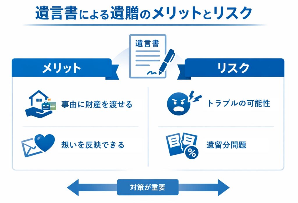 遺言書による遺贈のメリットとリスクを比較した図解。自由に財産を渡せる・想いを反映できるメリットと、トラブルの可能性・遺留分問題のリスクを対比している。
