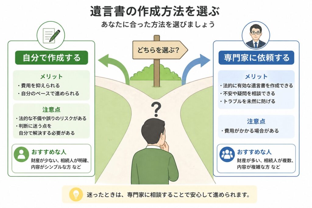 遺言書の作成方法の選択を示す分岐図。自分で作成する方法と専門家に依頼する方法を左右に分け、メリットや注意点を比較している