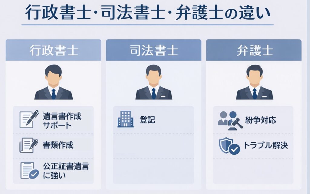 行政書士・司法書士・弁護士の違いを比較したインフォグラフィック。遺言書作成や書類作成、登記、紛争対応など、それぞれの役割を横並びで分かりやすく整理している。