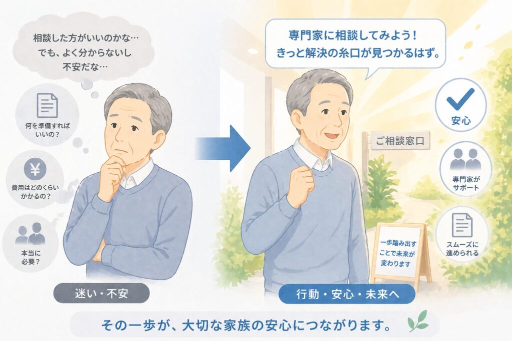 相談を迷っていた高齢者が不安から前向きな気持ちに変わり、一歩踏み出そうとしている様子