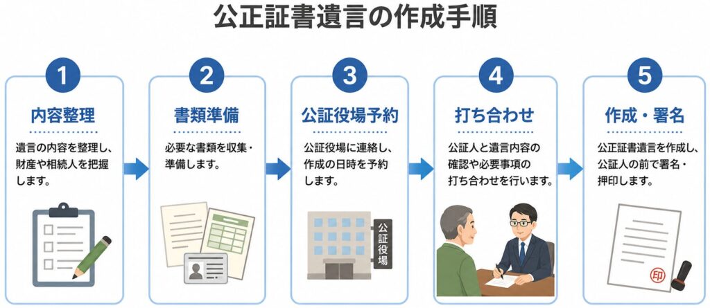 公正証書遺言の作成手順を示したフロー図。内容整理、書類準備、公証役場予約、打ち合わせ、作成・署名の5ステップを矢印で示している
