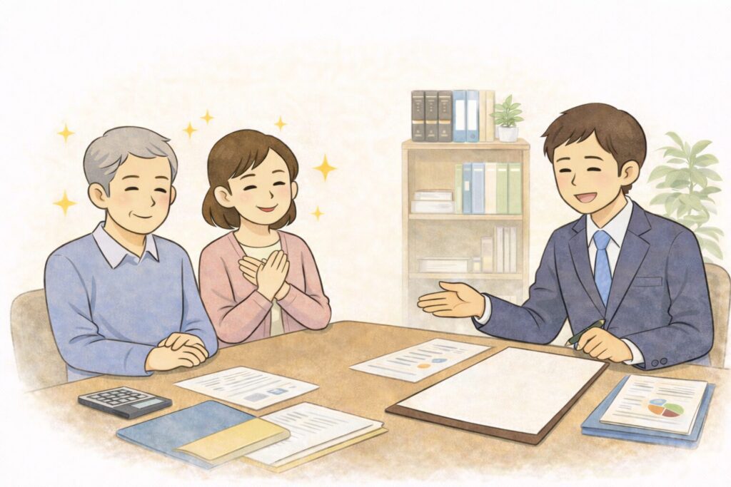 相続の相談を終えて安心している人物と専門家のイラスト。相談者がほっとした表情で笑顔になり、専門家と向き合っている。