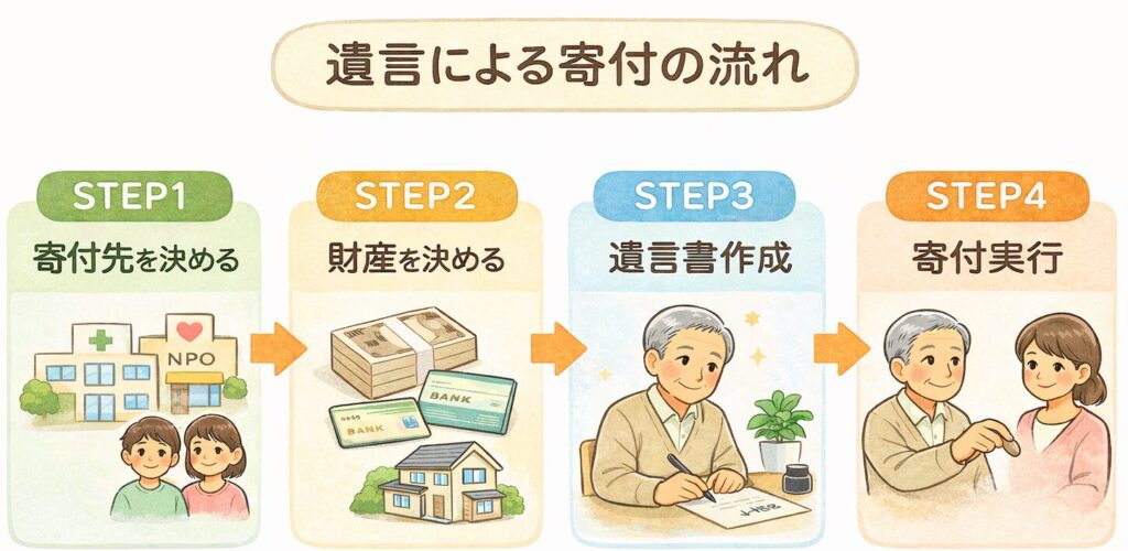 遺言による寄付の流れを示した図解。寄付先の決定から遺言書作成、寄付実行までの4ステップを説明している