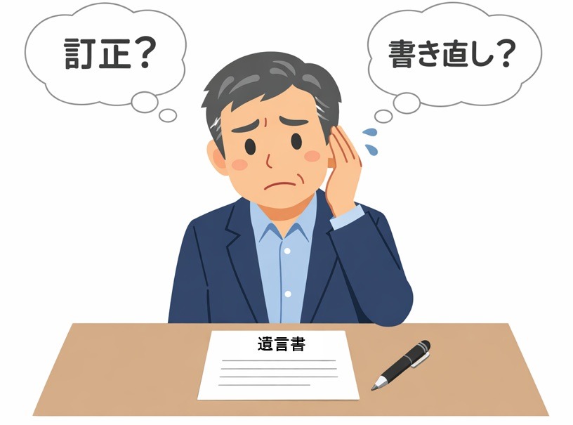 遺言書の訂正や書き直しに迷う中高年男性のイラスト