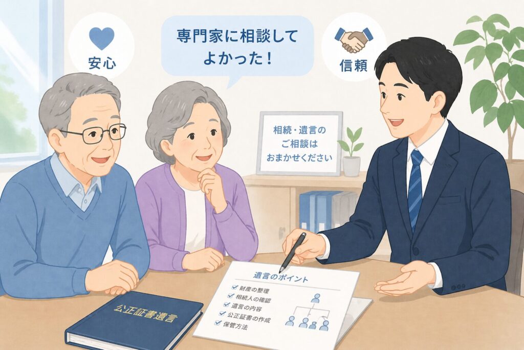 専門家に相談して安心している高齢者と家族の様子