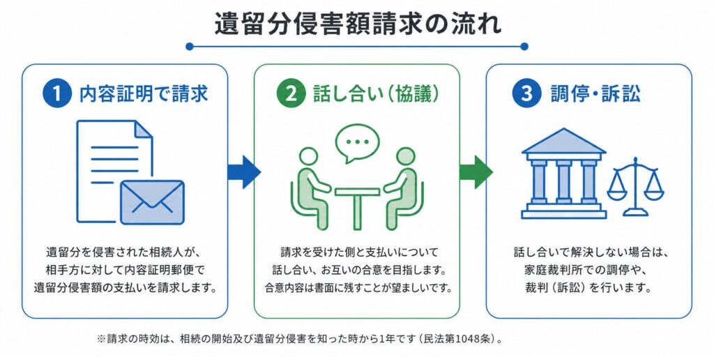 遺留分侵害額請求の流れを示す図解。内容証明で請求、話し合い、調停・訴訟の3ステップが矢印でつながっている