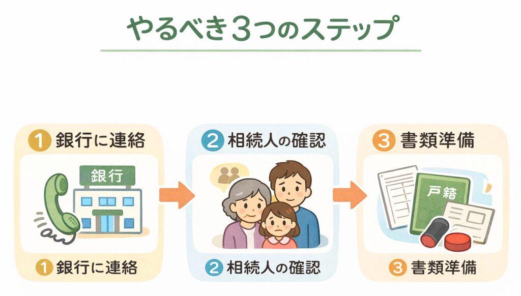やるべき3つのステップを示す図解。銀行への連絡、相続人の確認、書類準備の流れをアイコン付きでわかりやすく説明したインフォグラフィック。