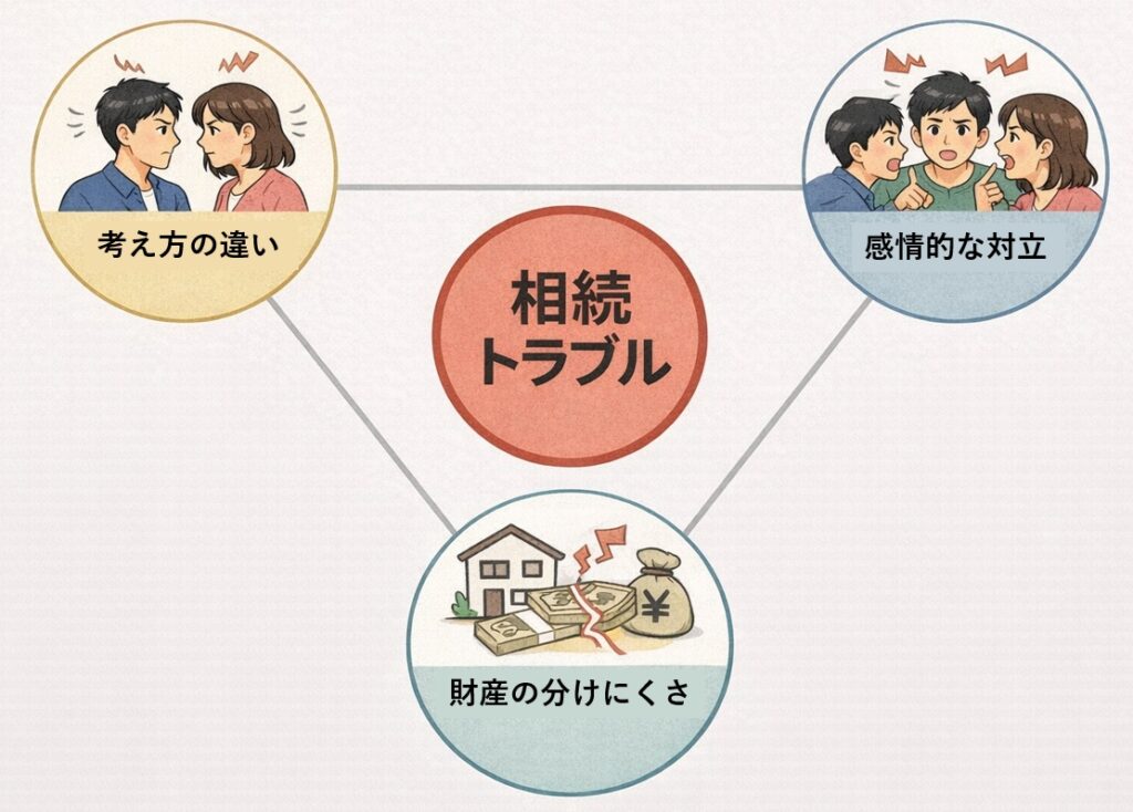 相続トラブルの原因を示した図解。考え方の違い、財産の分けにくさ、感情的な対立の3要素が重なり、相続トラブルが発生する構造を表現。