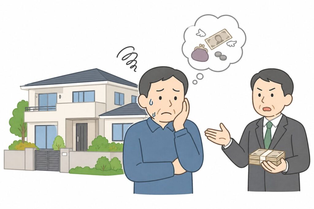 不動産を相続したものの現金が足りず困っている人物と、他の相続人から金銭を請求されている様子を示す図