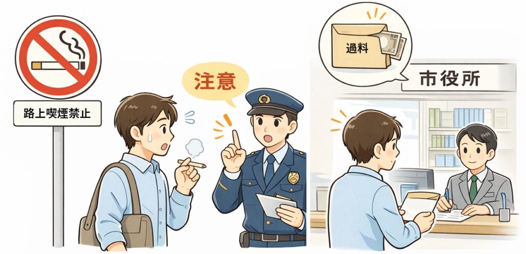 軽いルール違反に対するペナルティを示す図(路上喫煙禁止と過料のイメージ)