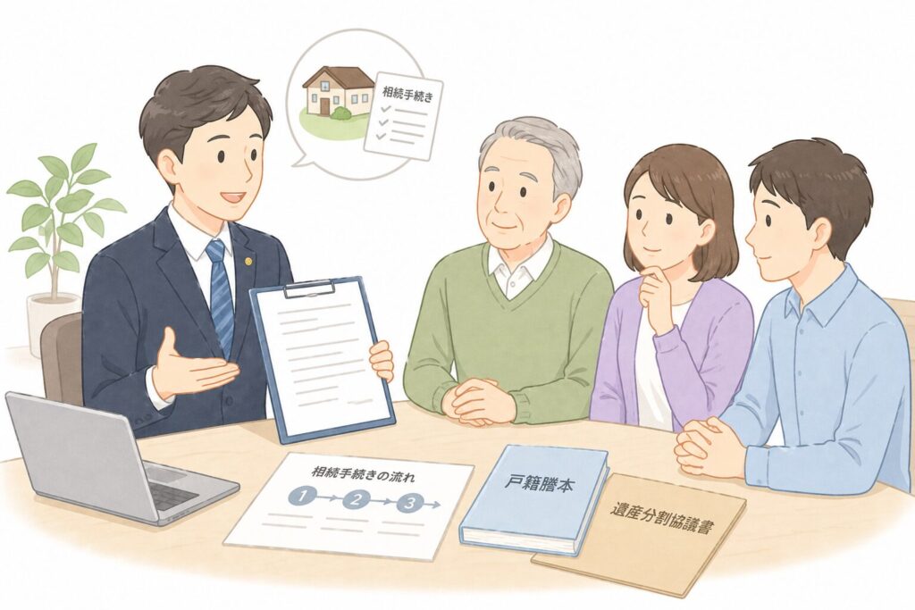 スーツを着た専門家が書類を見せながら家族に相続手続きを説明しているイラスト