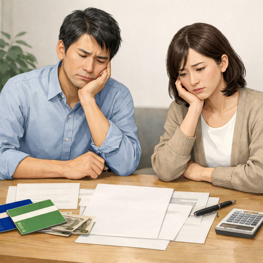 相続手続きの書類や通帳を前に、悩みながら話し合う日本人の男女