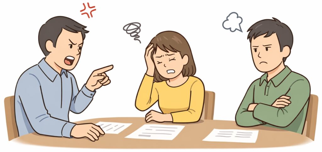 相続トラブルで対立する家族の様子を表したイラスト。兄弟姉妹がテーブルを囲み、怒りや不満、困惑の表情で話し合っている。