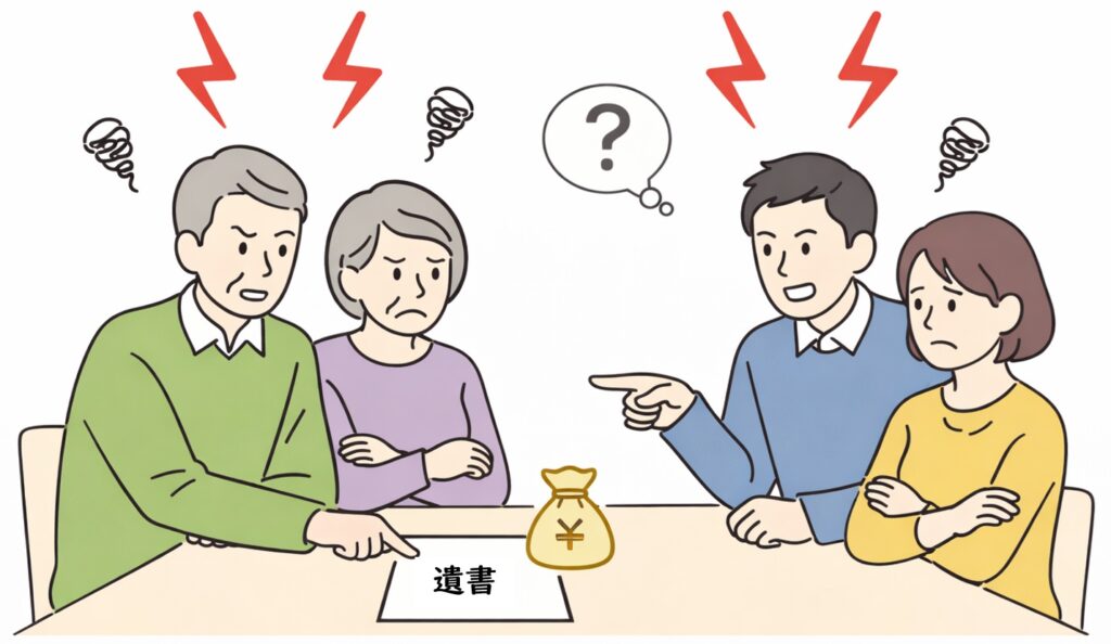 相続について家族が話し合いで対立している様子のイラスト。日本人の家族がテーブルを囲み、やや困った表情で意見が分かれている場面