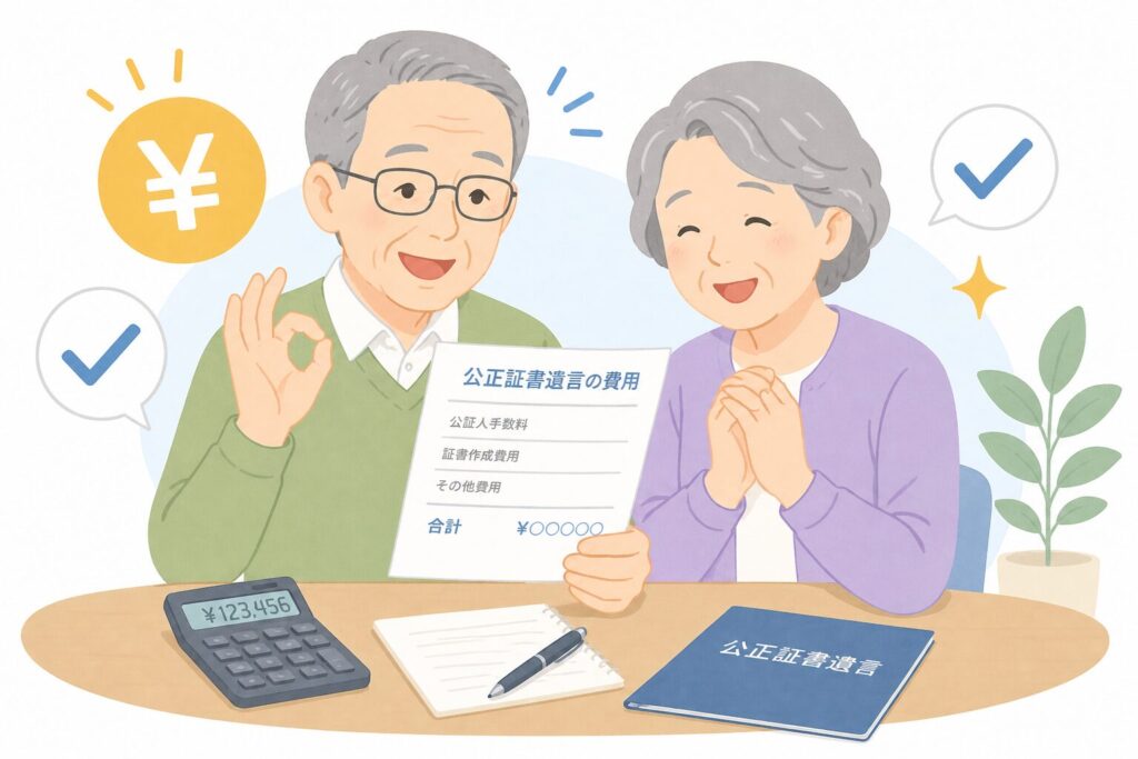 公正証書遺言の費用を確認して安心している高齢の夫婦の様子