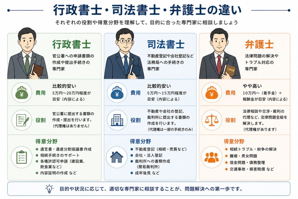 行政書士・司法書士・弁護士の違いを費用・役割・得意分野で比較した図解