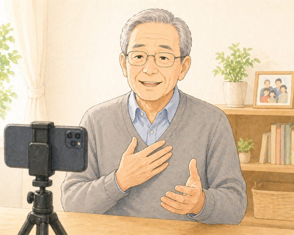 カメラに向かって穏やかに語りかけ、家族へ想いを伝える高齢者
