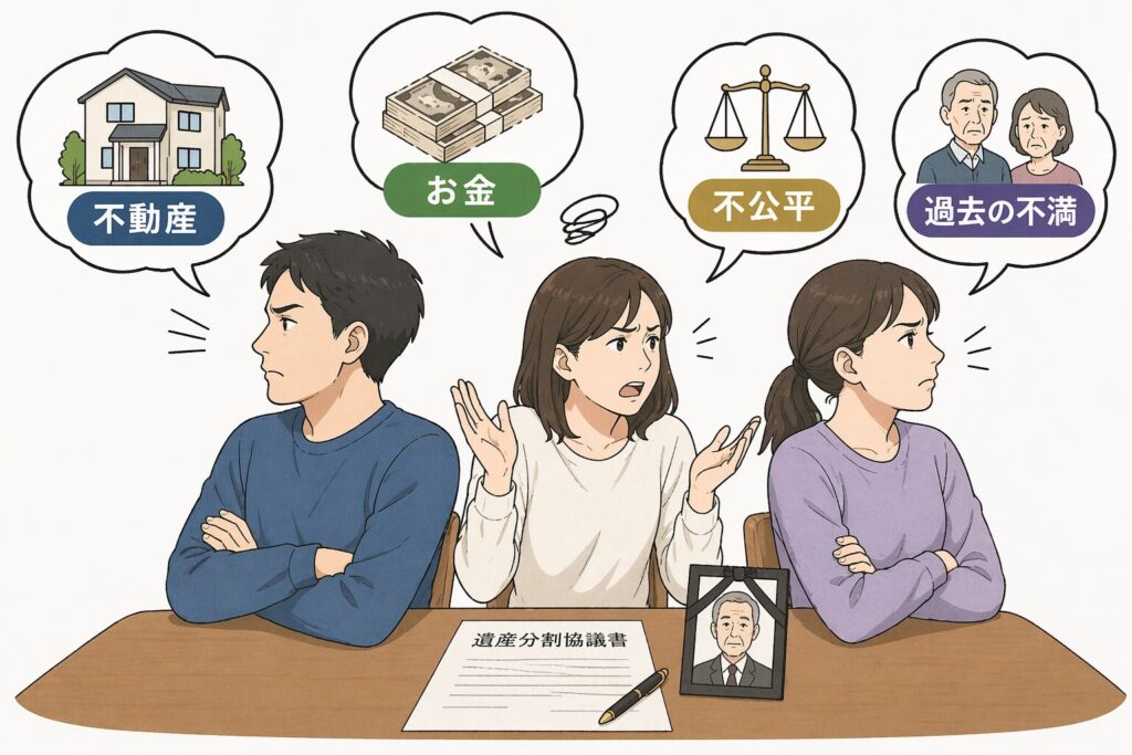 兄弟3人が遺産相続について話し合うが、「不動産」「お金」「不公平」「過去の不満」など意見が分かれ、議論がまとまっていない様子
