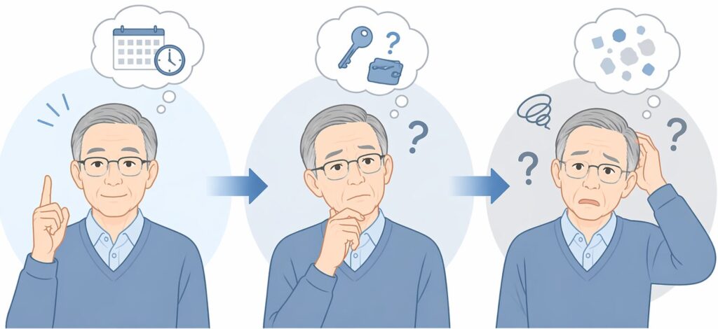認知症の進行を3段階で示した日本人高齢者のイラスト(はっきり・迷い・混乱)