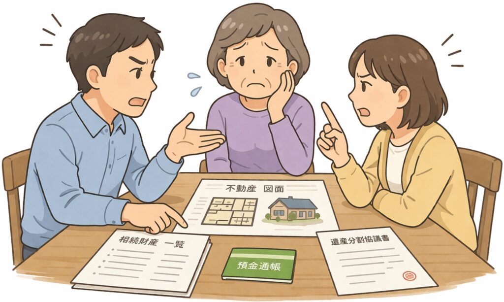 相続の話し合いで意見が対立している日本人家族のイラスト。兄弟が険しい表情で話し合い、母親が困った様子で見守っている。