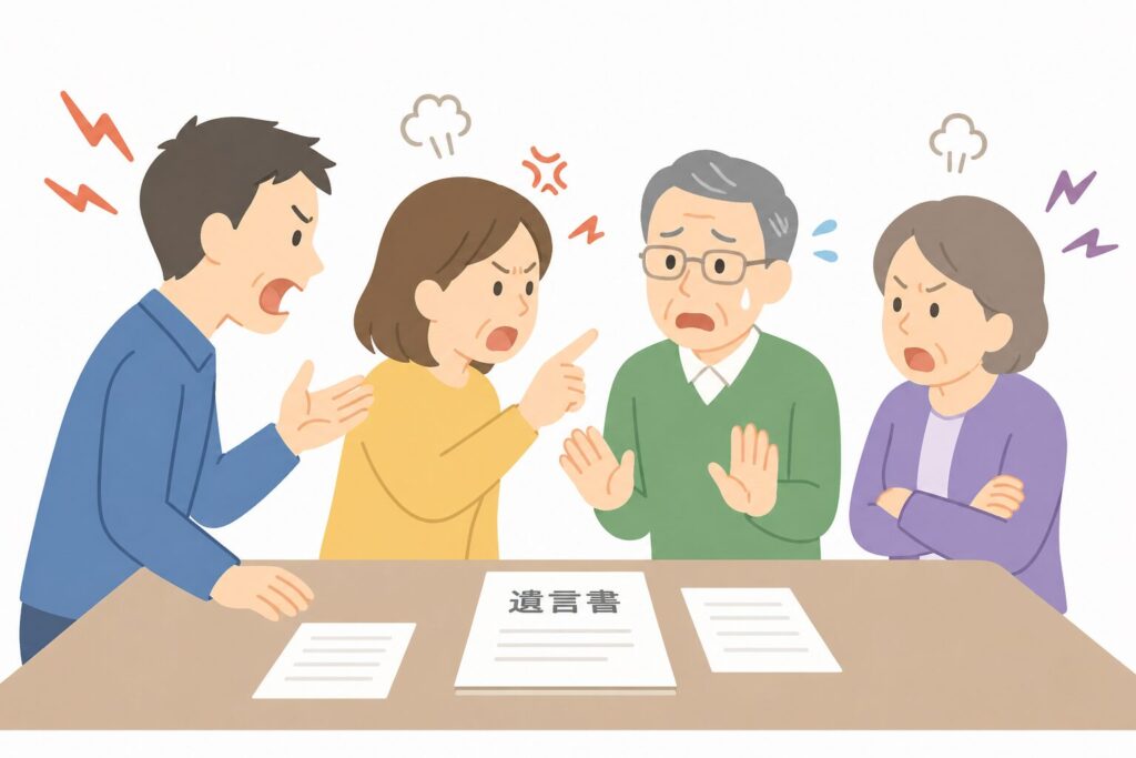 相続トラブルで感情的に言い争う日本人家族のイラスト