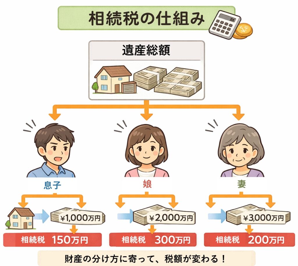 相続税の仕組みを説明する図解。遺産総額から相続人ごとに財産が分配され、分け方によって相続税額が変わる様子を示している。