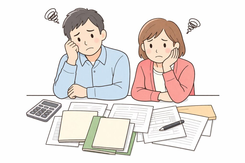 相続登記の書類を前に悩む日本人の男女。机の上に複数の書類が広がり、手続きの複雑さに困っている様子。