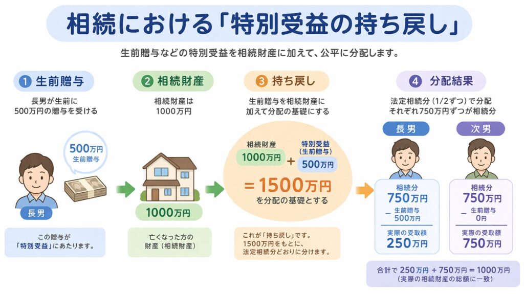 特別受益の持ち戻しを説明する図解。長男が生前に500万円の贈与を受け、相続財産1000万円と合算して1500万円を基準に分配する流れと、長男と次男の最終的な取得額の違いを示している。