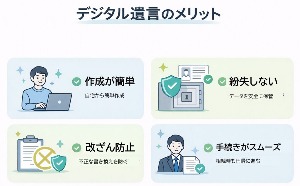 デジタル遺言のメリットをまとめた図解。作成が簡単・紛失しない・改ざん防止・手続きがスムーズの4つを解説